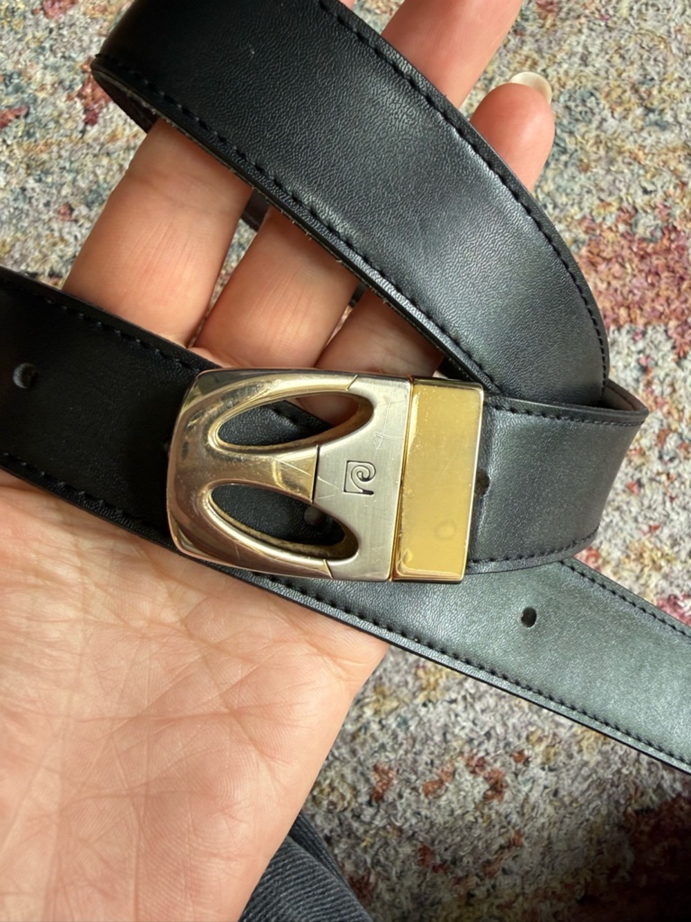 Pierre Cardin Black and Brown double sided leather belt with 3 tone gold buckle.